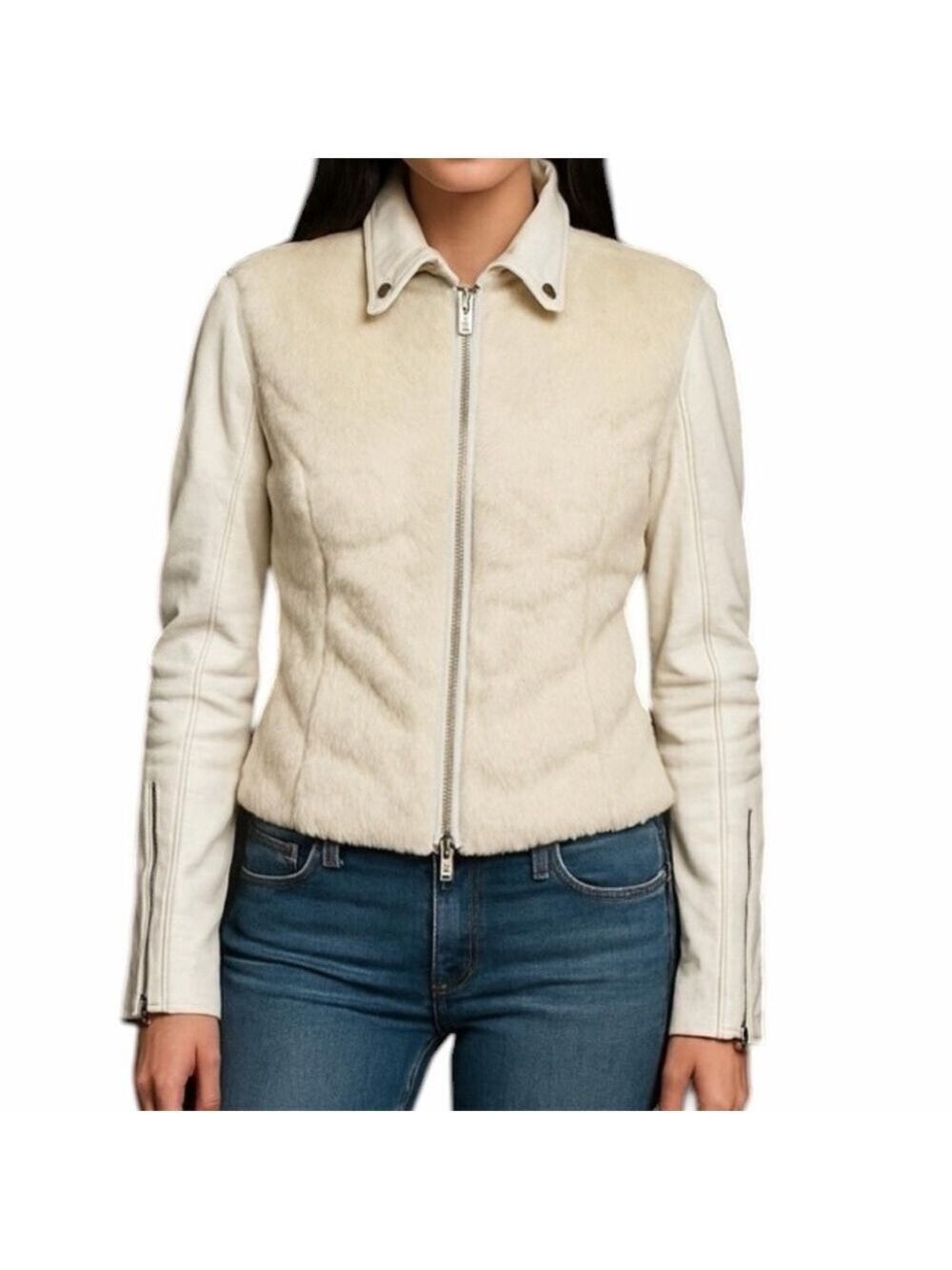 GUESS Rabbit Fur White Leather Moto Fitted Zip Front Zip Sleeves Winter White M